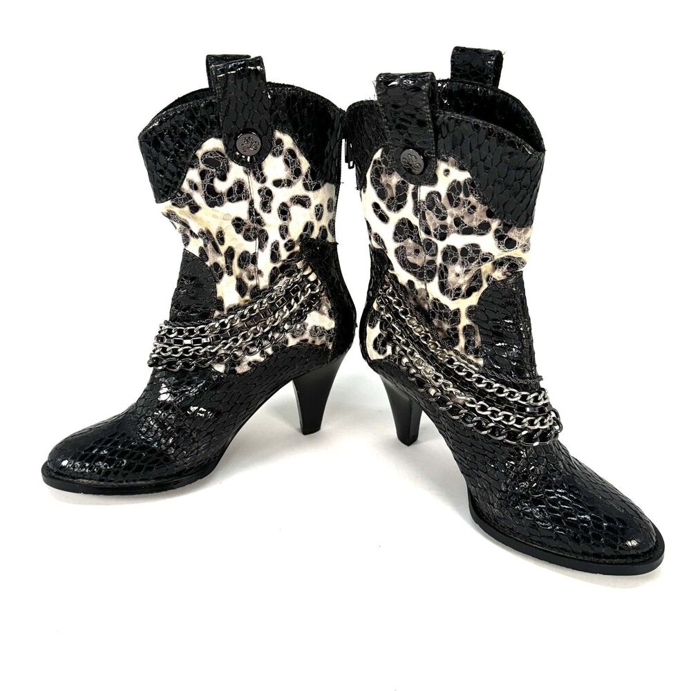 J. Renee"BREE" Stiletto Heel Boots Size 6 Multi Chain Accents Leopard Reptile